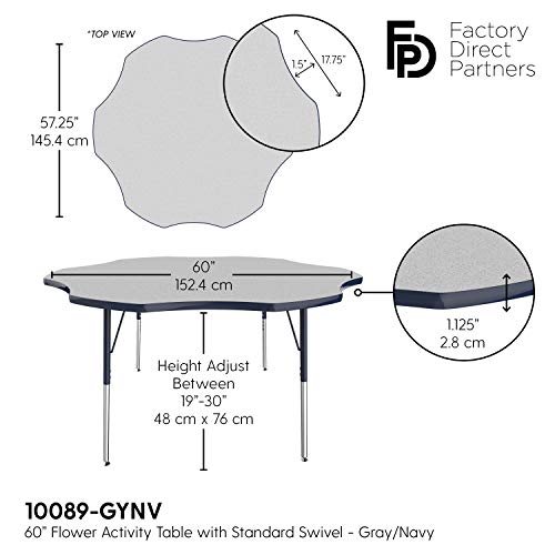 Image of FDP Flower Activity School and Office Table (60 inch), Standard Legs with Swivel Glides for Collaborative Seating Environments, Adjustable Height 19-30 inches - Gray Top and Navy Edge