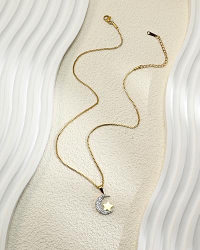 Watforsh 14k Gold Plated Two Tone Crescent Moon and Star Two Tone Celestial Pendant Cubic Zirconia Thin Necklace Adjustable Chain for Women