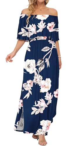 Image of AUSELILY Womens Off Shoulder Ruffle Split Summer Maxi Dresses with Pockets | Off-shoulder Ruffle dress with empire waist & side split for summer beach and casual parties