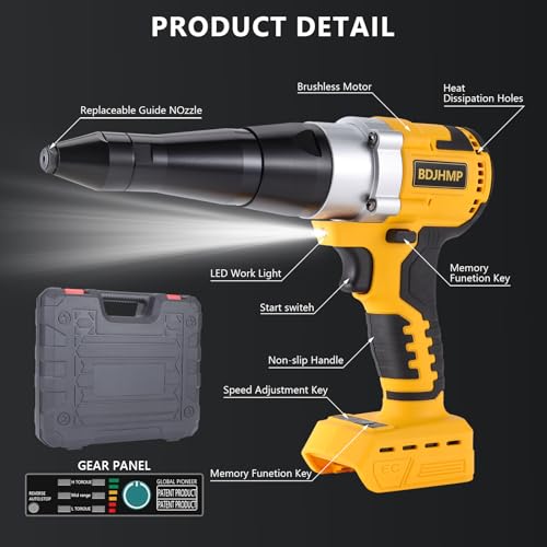 Cordless Rivet Gun Tool for Dewalt 20V Max Battery(No Battery), Brushless Electric Automatic Rivet Gun,Brushless Motor for Rivets 1/8\'\', 5/32\'\', 3/16\", for Metal, Plastic and Leather