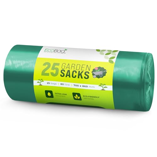 EcoBag - 25 Pack Extra Strong Heavy Duty Garden Sacks - 80L - 30 Microns - Recyclable Leak Resistant & Eco-Friendly Durable Garden Waste Disposal Bags for Household & Commercial Use (700x860mm)