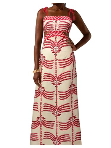 Image of SOLY HUX Women's Summer Maxi Dress Boho Print Tie Shoulder Spaghetti Strap Cut Out Tie Back Cami Dresses Sundress