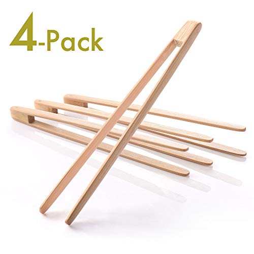 Small Bamboo Toaster Tongs: 100% Natural 8.3â€ Wood Mini Appetizer Tongs| Eco-Friendly, Space Saving Modern Kitchen Accessory for Home Restaurant | Set of 4