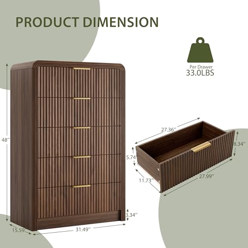 Image of Decofy Fluted 5 Drawers Dresser, 48 inch Tall Modern Chest of Drawers with Round Edge & Metal Handle, Wood Drawer Organizer for Living Room, Bedroom, Entryway, Hallway (Walnut)