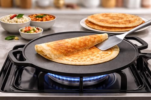 Image of Cast Iron Dosa Tawa 12 Inch (30 cm) | Pre-Seasoned Non-Stick Tawa Without Chemical Coating | Gas & Induction Compatible | for Dosa, Chapati, Roti, Uthappam | Black, 2.5 kg