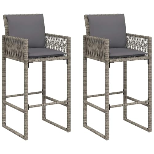 vidaXL Tabourets de Bar Jardin Coussins Lot de 2 Gris résine tressée, Tabouret, Tabouret de Bar extérieur, Chaise de Bar, Tabouret de Jardin