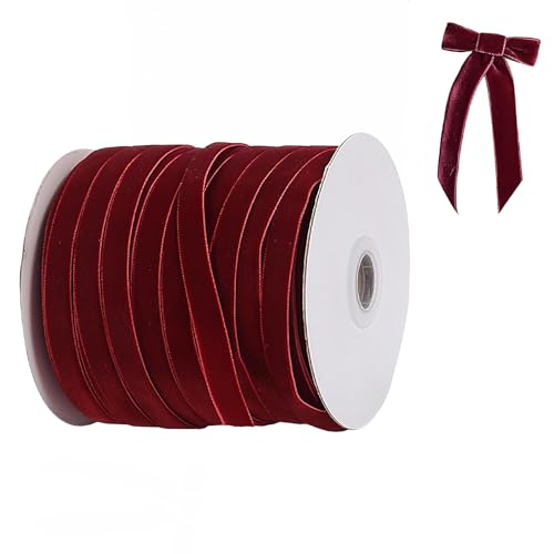 Cinta de terciopelo de 50 yardas, 10 mm, color rojo burdeos, cintas de terciopelo suave y lujoso de color burdeos, rollo de cinta para envolver regalos, manualidades navideñas, bodas, festivales