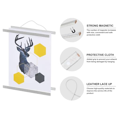 Image of Magnetic Poster Hanger, 16x20 16x24 16x22 Poster Frame Wood Wooden Magnet Print Posters Dowel Scroll Hanger Hangers Hanging Kit for Walls Map Canvas Artwork (Grey, 16 inch)