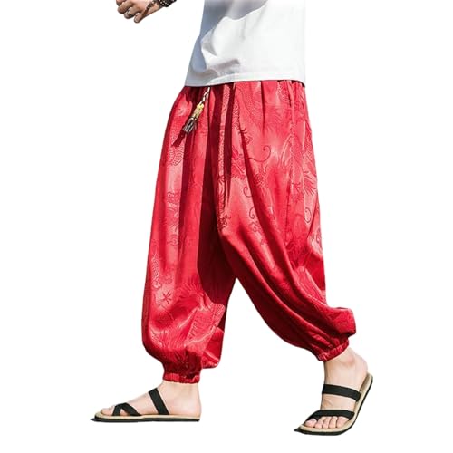 Pantalon court homme soie glacée ample léger style chinois imprimé rétro droit