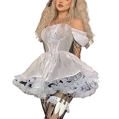 PDYLZWZY Schwarz Gothic Lolita Weißes Spitzenkleid Langarm Lace-up Goth Schulterfrei Midikleider für Frauen Cosplay Party Prom (Weiß, S)