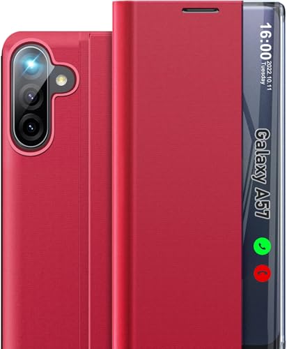 Étui Samsung Galaxy A57 5G rouge en cuir rigide à rabat et support miroir
