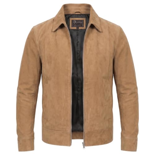 Image of Mens Polo Collar Zipper Suede Shirts Long Sleeve Shacket Suede Trucker Jacket Real Suede Leather Shirt