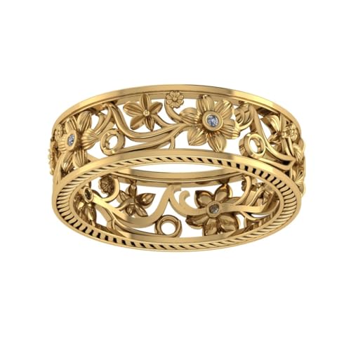 Victorian Leaf Filigree Small Stone Vintage-Style Wide Band with Filigree Design Rope Edge Detail High Polish Tarnish Resistant Comfort Fit Floral Ring (Gold, 8)