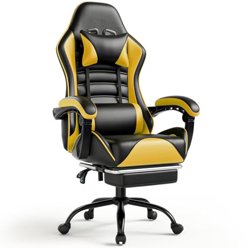 Sedia Gaming Ergonomica, Poltrona Gaming con Schienale Regolabile, Sedia da Gamer con Poggiatesta e Supporto Lombare, Sedia Gamer in Pelle Sedia Gaming con Poggiapiedi (Cuscino laterale, Giallo)