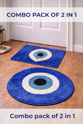 Image of Adequate Evil Eye Rangoli Door Mat Combo Set 2 in 1 (Round + Rectangular), Microfiber, Floor Mat for Home Entrance| Bedroom| Bathroom| Kitchen mat| Living Room| Pooja Room