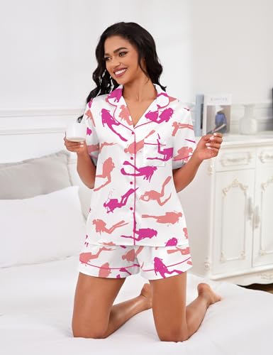 Image of SHESHOW Pajamas for Women Set Satin Button Down Short Sleeve Top and Shorts Pjs Sets Sport Ball Print Sleepwear XS-XXL