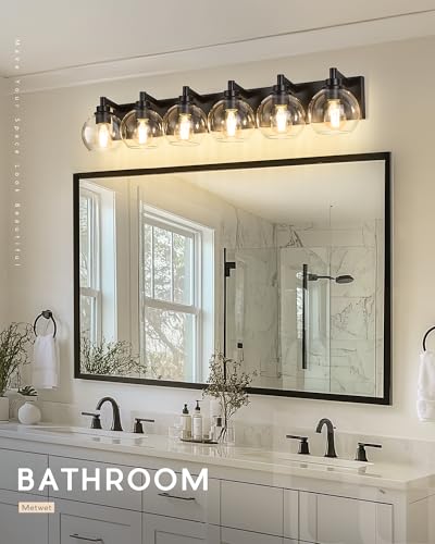 Image of Bathroom Light Fixtures, 6 Light Matte Black Vanity Light, 38 Inch Modern Wall Sconces with Globe Clear Glass Shade, Vanity Lighting Fixtures Over Mirror, VL195-MB-6