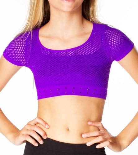 Image of Malibu Sugar Girls Mesh Crop Top Sparkling Rhinestone Dance Outfits for Girls - Short Sleeve Breathable Activewear Ages 7-14