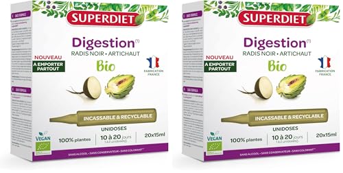 SUPERDIET- RADIS NOIR, ARTICHAUT BIO - Digestion facile & Transit naturel - Format nomade - 20 Unidoses de 15 ml (Lot de 2)
