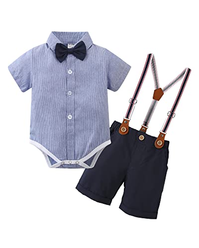 Image of YALLET Baby Boys Clothes Gentleman Outfits Suits Infant Formal Dress Short Sleeve Romper + Suspender Shorts + Bowtie 3-6 Months