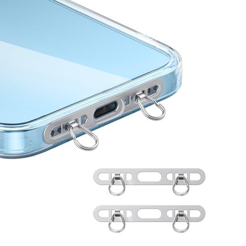Heptour 2 Pack Metal Phone Tether Tabs for iPhone - Thin Stainless Steel Phone lanyard tab with 2 rings，Sturdy Lanyard Patch Does Not Affect Charging, Anti-loss & Prevent Phone from Falling (Silver)