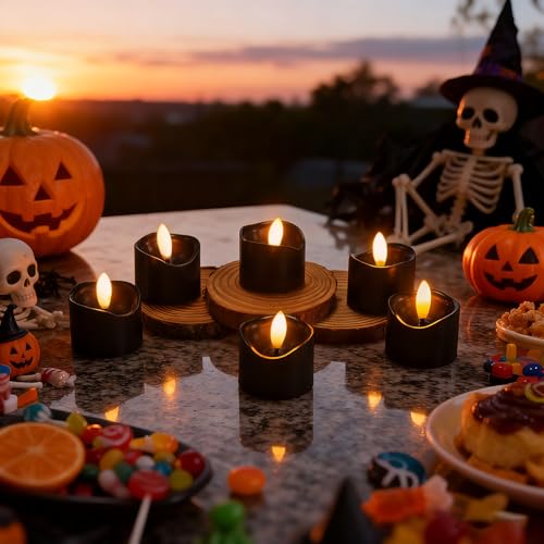 Image of CANDLE CHOICE Battery Operated Flameless Tea Lights Realistic Black Wick Bright Flickering LED Tealight Votive Candles Wedding Party Table Halloween Christmas Decorations Batteries Incl. 12 Pack Black