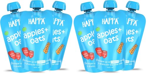 Image of Happa Organic Baby Food Apple and Oats Puree | 100% Fruits and Oats | No Added Sugar, No Milk Powder, No Preservatives | Stage 2 (6 Months+) | Ready to Eat | Free from Common Allergens | Pack of 6 (100g Each)