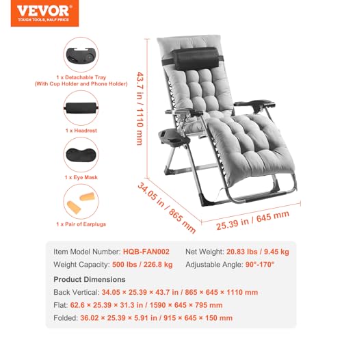 Image of VEVOR Zero Gravity Chair, 26 inch Zero Gravity Recliner Lounge Chair for Indoor and Outdoor, Adjustable Anti Gravity Chair with Cushion, Headrest, Footrest, and Cupholder, 500 lbs, Gray