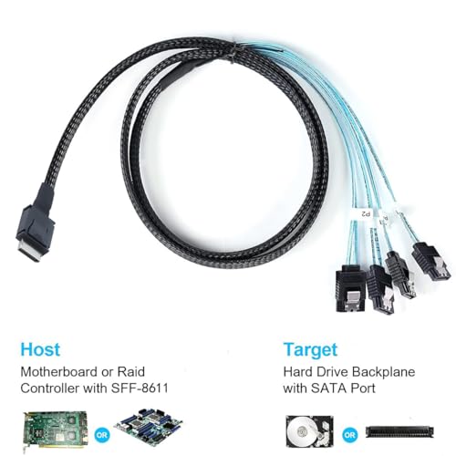 Cable OCuLink PCIe SAS SFF-8611 a 4X SATA 7P de 12 Gbps interno para discos duros de servidor 4