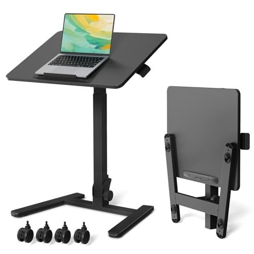 Image of Gibbon Mounts Foldable Standing Desk,Small Mobile Sit-Stand Desk with 90 Tiltable Top,Rolling Rising Laptop Workstation Adjustable Height,Portable Table on Hidden Wheels /4 Lockable Casters,Black