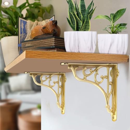 Image of GHAR DWAR Metal Handcrafted Shelf Bracket for Floating Shelves L Angle Decorative L Shaped Corner Brace Joint Heavy Duty Wall Mounted Shelf Supporter Brace Holder (Gold, Pack of 2)