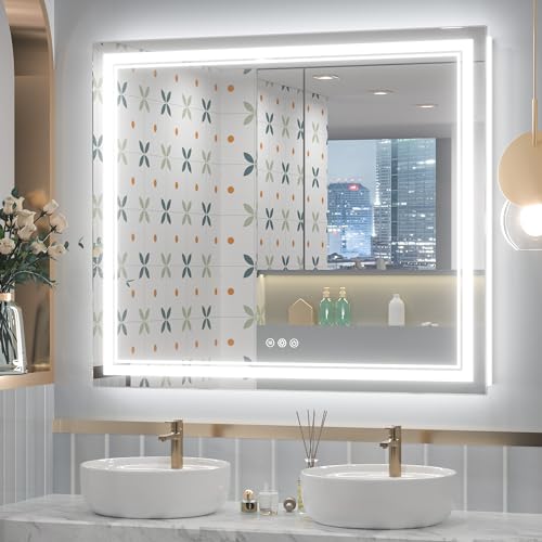 Keonjinn Bathroom LED Mirror 42 x 36 Inch Frontlit and Backlit Stepless 3 Colors Temperature & Dimmable Tempered Glass Mirror UL Listed LED Driver Double LED Strips Anti-Fog Lighted Vanity Mirror