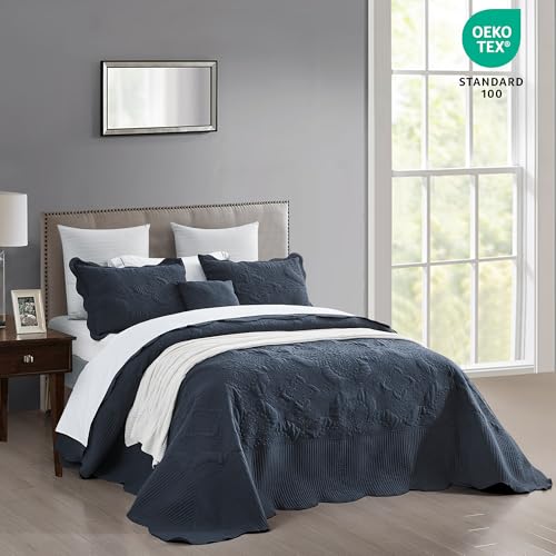 Image of HZ & HY Oversized King Bedspread 128x120 Extra Wide, Stitched Damask Quilt Set King /Cal King, Lightweight Reversible Coverlet, Scalloped Edge - Deep Classic Look, 5 Piece, Polar Night