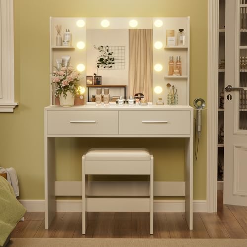 image for YESHOMY Vanity Desk with Mirror, Makeup Table with 2 Large Drawers, Po