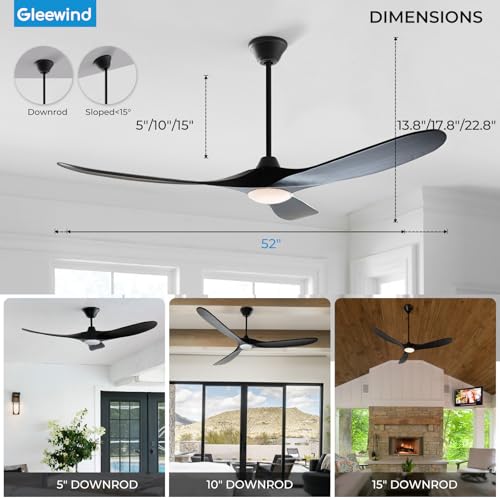 Image of Outdoor Ceiling Fans with Lights-Glass Lamp, 52 inch Damp Rated Wood Propeller Blades for Patios & Porch, Smart APP and Remote Control, 3 Blades Dimmable LED Ceiling Fans, High CFM 6 Speed-Black