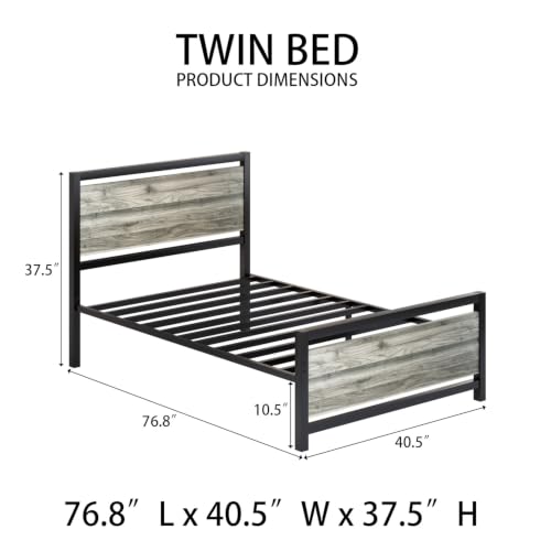 Image of Catrimown Twin Size Bed Frames, Twin Bed Frames with Headboard and Footboard, Heavy Duty Metal Twin Platform Bed Frame, Noise-Free, No Box Spring Needed, Easy Assembly, Wash Grey