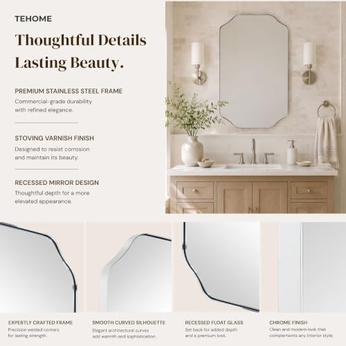 Image of TEHOME Chrome Scalloped Bathroom Mirror, 24x32'' Polished Silver Asymmetrical Bathroom Vanity Mirror for Wall