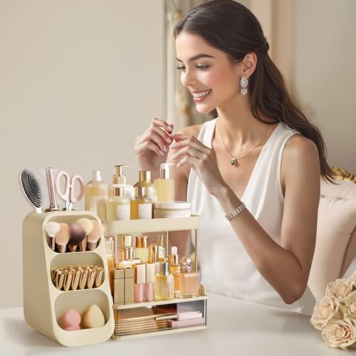 Image of HBlife Bathroom Organizers and Storage with Brush Holder for Vanity, 3 Tier Plastic Makeup Organizer for Dresser Counter, Skincare, Lipstick, Perfume, and Cosmetic Storage, Beige