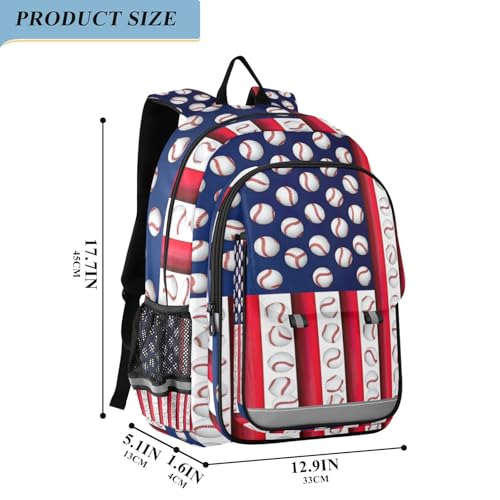 Baseball Flag Kids School Backpack for Boys Girls, Front Flap School Bag, 17 Inch Backpack with Chest Strap for Girls, Age 6-122