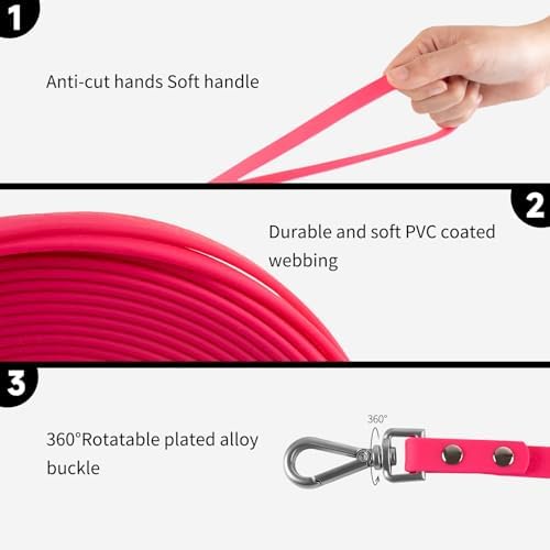 AUMAILI Dog Training Long Leash Waterproof Long Line Heavy Duty Outdoor Recall Lead 10ft 15ft 20ft 30ft 50ft for Small Medium Large Dog (Rose Pink, 20FT) — view 2