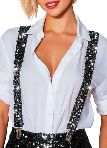 TWINKLEDE Sequin Fashion Suspenders Y-Back Suspenders Christmas New Year Eve Costume for Men and Women (Black, One size)