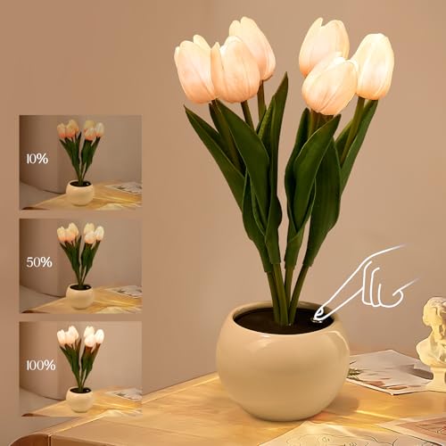 La Mejor Lista de Lámparas decoradas los preferidos por los clientes. 49 Lampara de Tulipanes,Regalos para Mujer,Lampara de Escritorio Mesa Recamara Flor,Flores Artificiales Decoracion,Luz de Noche LED Tulipanes Infinitos Maceta para...