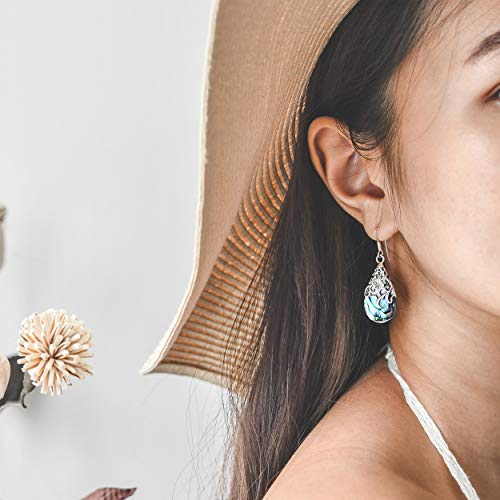 Floral Vine Ornate Teardrop Abalone Shell .925 Sterling Silver Dangle Earrings