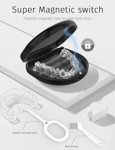 Retainer Case, Compatible with Invisalign, Vivera, Slim Aligner Case with Vent Holes, Portable Orthodontic Container with Removal Tool, Brush and Lanyard, Black - Thumbnail 3