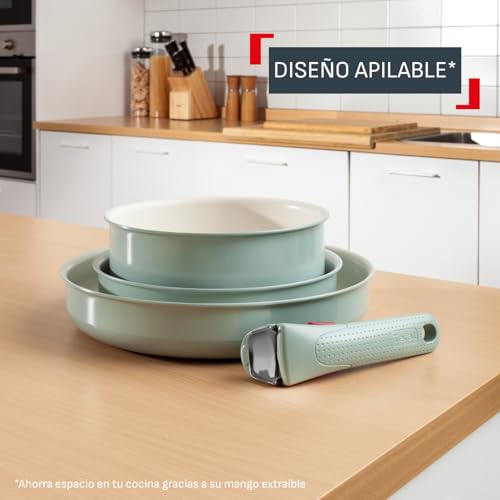 Miniatura 4 de Tefal Ingenio Serenity - Juego de 2 Sartenes 22/28 cm + Cazo 20 cm + Mango extraíble, Revestimiento Antiadherente, Apilable, Inducción, Apto lavavajillas y horno, Eucalipto