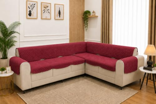 Image of 7 Seater L-Shape Sofa Cover with Arm Covers, Quilted Texture, Sectional Couch Protector for Living Room-Pack of 15 (Maroon)