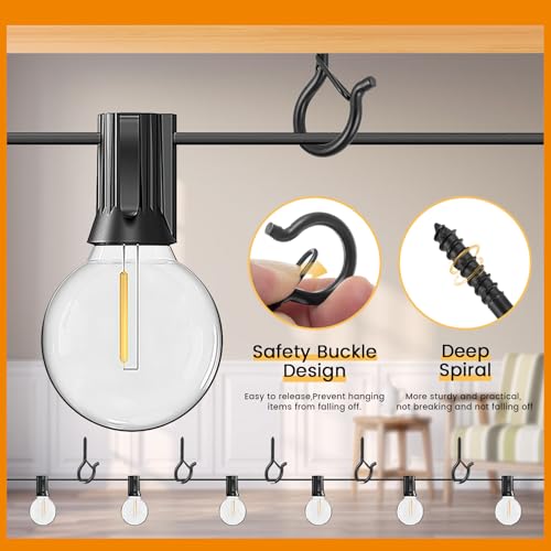 30 PCS Q-Hanger Hooks with Safety Buckle, Windproof Screw Wall Ceiling Hooks for Outdoor String Lights Hanging Christmas Lights, Plants, with 1 Wing Nut Driver (Black, 30 Pack)