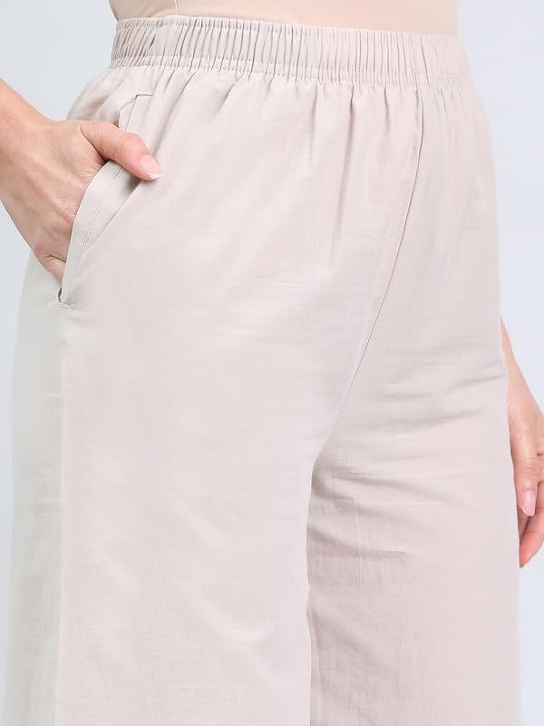 Image of GO COLORS Women's Cotton Hakoba Palazzo | Ankle Length, Schiffli Embroidery, Relaxed Fit, Mid-Rise with Side Pocket