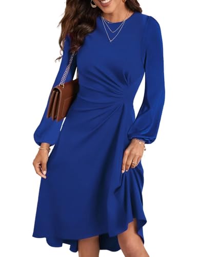 HUXRAKV Damen Elegante Cocktailkleider Langarm Einfarbiges A-Linie Kleid mit Taillenfalten Abendkleider Partykleider Businesskleider,42-Blau,M