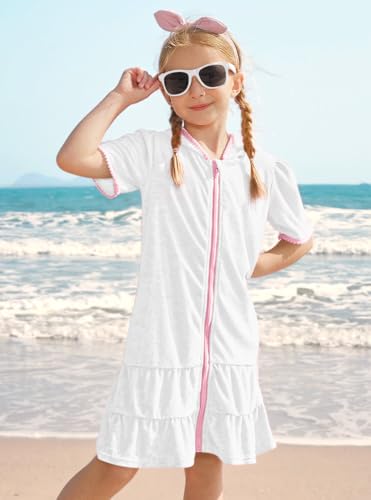 Image of BesserBay Girls Summer Beach Quick Dry Cover Up Ruffle Hem Terry Smocked Hooded 4-14 Years with Pockets